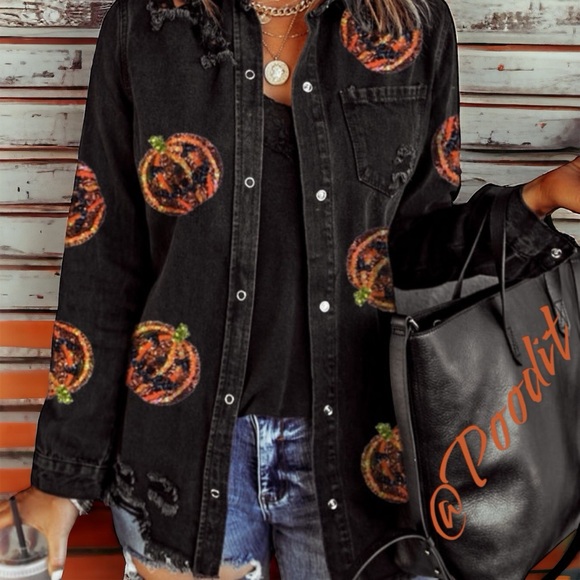 sequin pumpkin distressed denim top M L XL - Picture 4 of 10